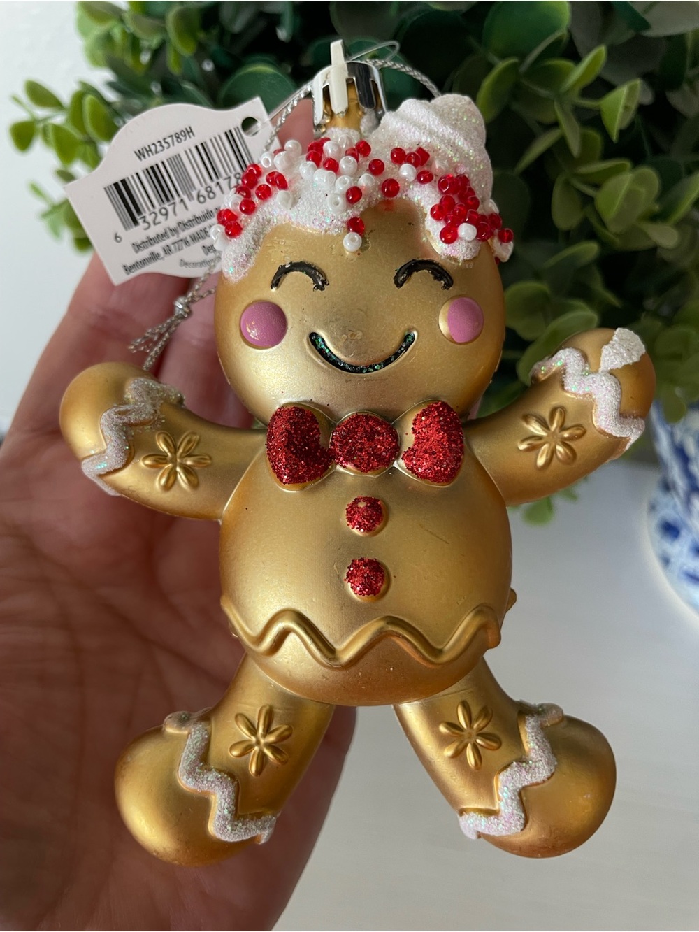 New Red & Gold Plastic Gingerbread Man Christmas Ornament Holiday Time Dept 18